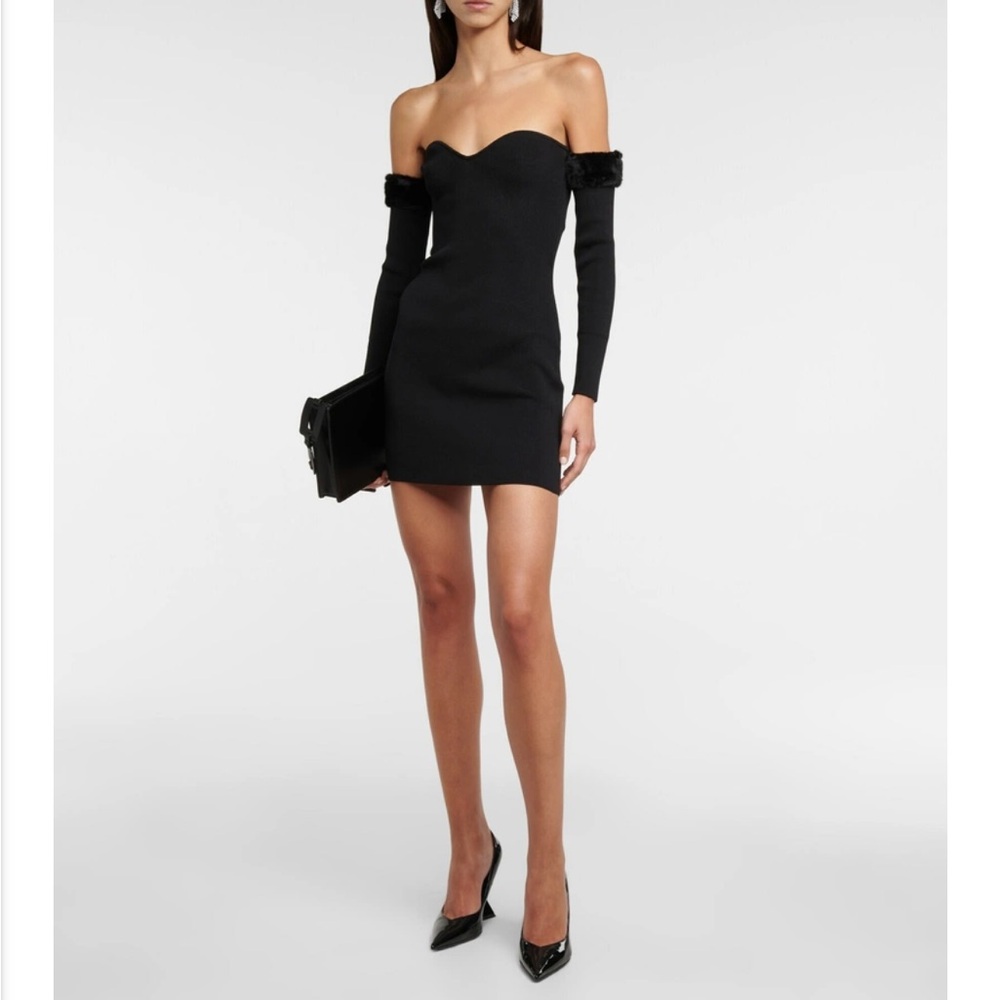 STAUD Black Mini Josee Faux Fur Trimmed Dress - size Small